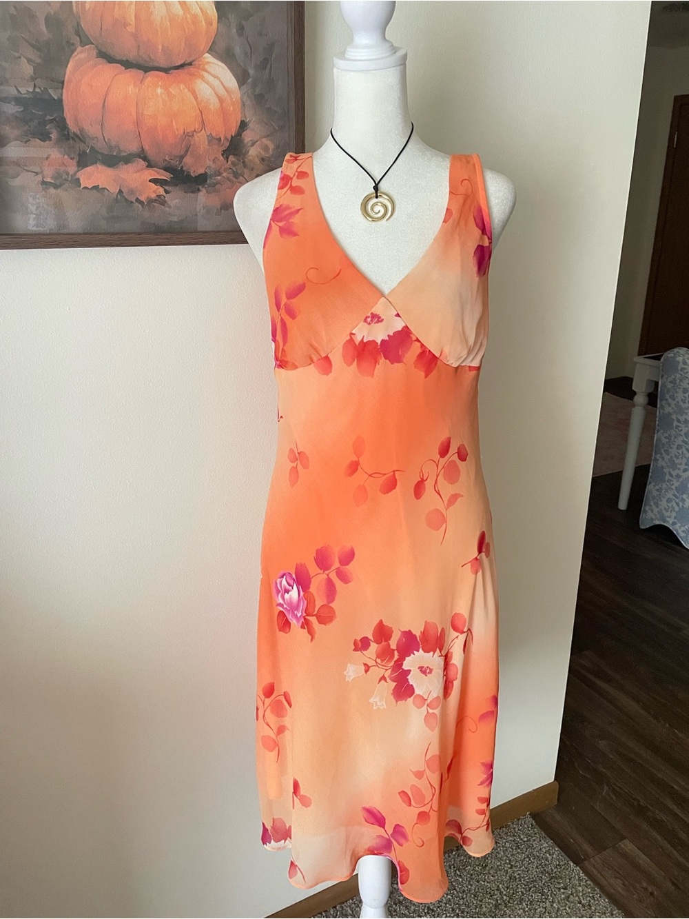 Johnnie M. Y2K 90s Vintage Orange Pink Floral Midi Slip Dress US 10